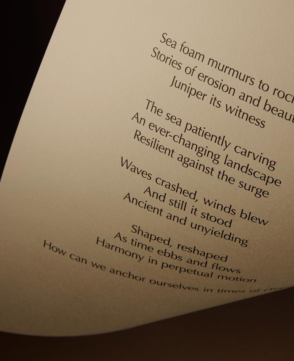 Extracto de poema sobre papel color crema con una esquina doblada, sobre un fondo marron intenso.
