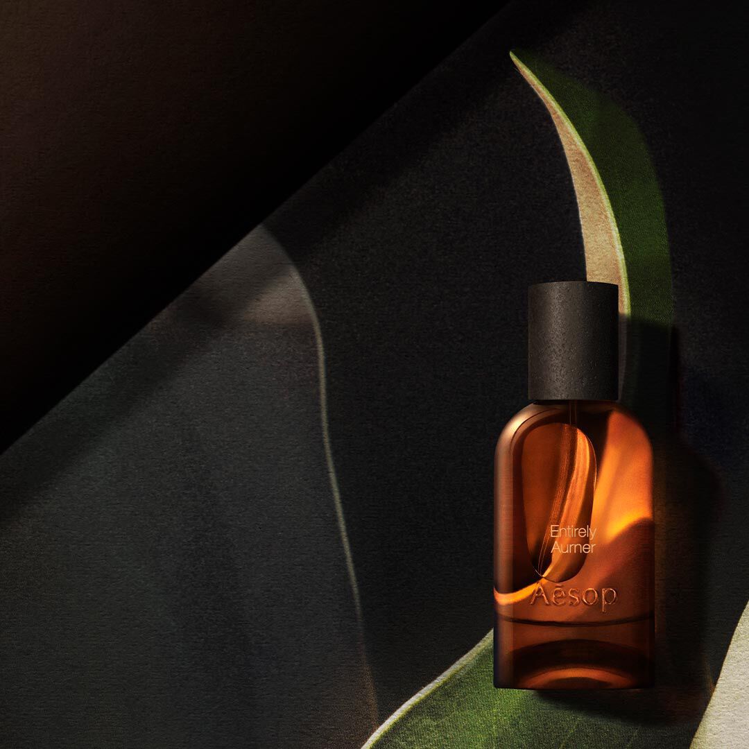 Una sola botella ambar de Aesop iluminada por un calido resplandor, enmarcada por formas curvas semejantes a hojas en tonos verde oscuro, crema y negro.