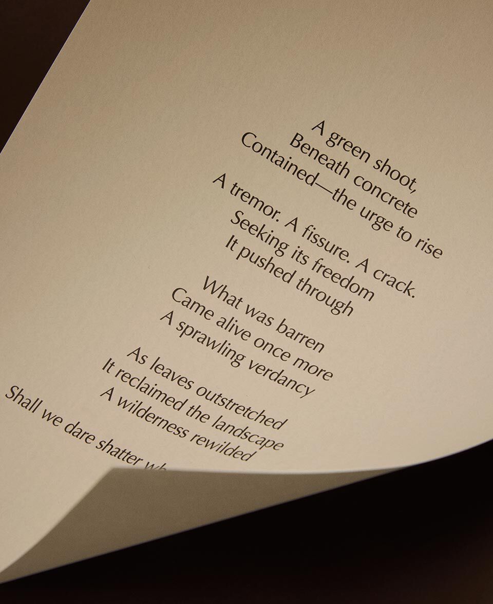 Primer plano de una pagina de papel color crema con versos de un poema y un borde suavemente curvado.